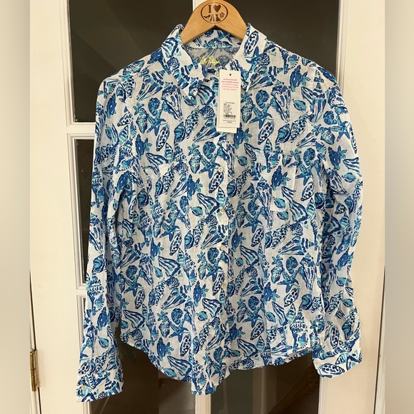 Lilly Pulitzer 100% linen Sea View Linen Button Down Top - Size S - NWT - Picture 2 of 8